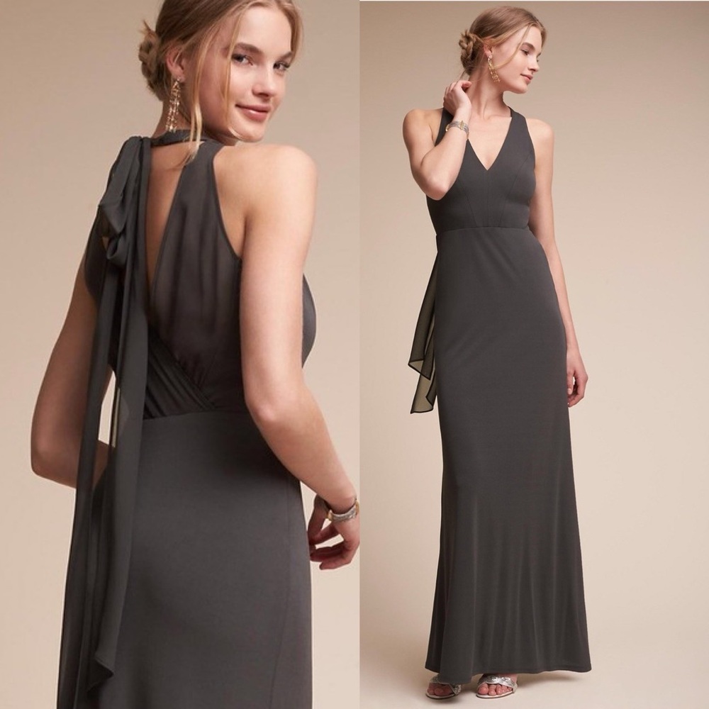 Anthropologie BHLDN Billiard Tie Back V Neck Maxi Dress Gown Gray Bridesmaid 4